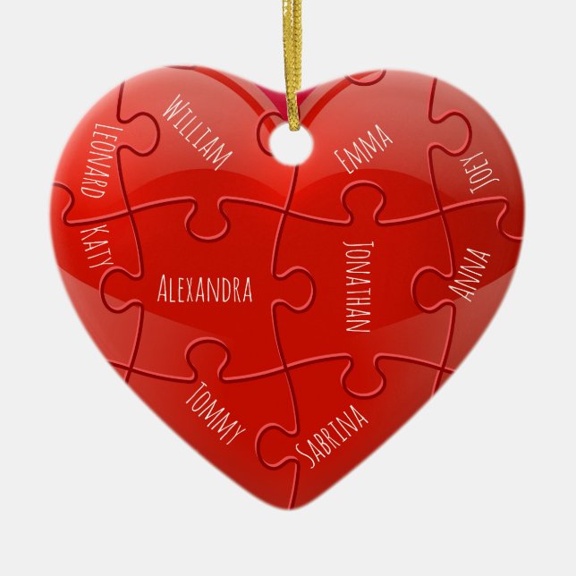 Christmas Family Puzzle Heart with Names Ceramic O Ceramic Ornament (Front)