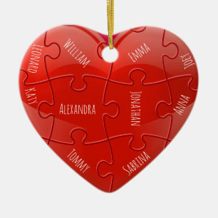 Christmas Family Puzzle Heart with Names Ceramic Ornament