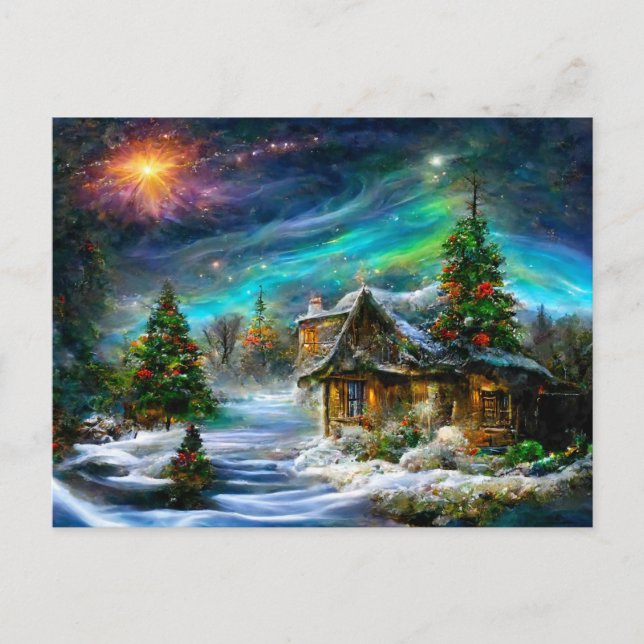 Christmas Fantasy Cottage with Christmas tree Postcard (Front)