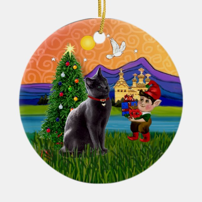Christmas Fantasy - Russian Blue cat Ceramic Ornament (Front)