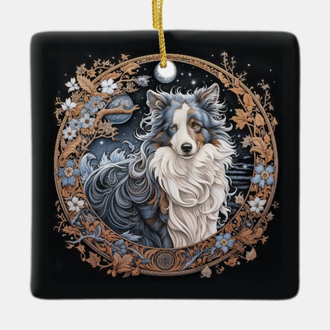 Christmas Fantasy Sheltie Ceramic Ornament (Front)