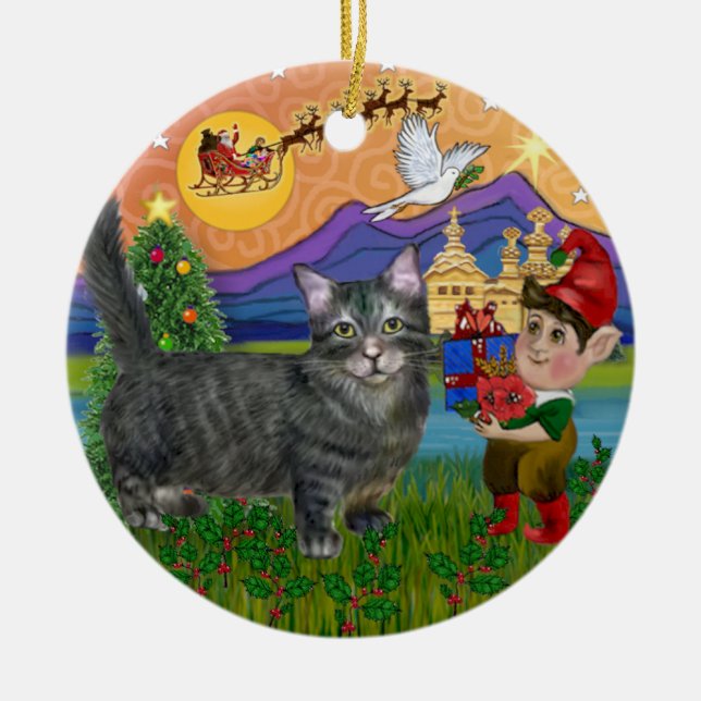 Christmas Fantasy - Tabby Munchkin Cat Ceramic Ornament (Front)