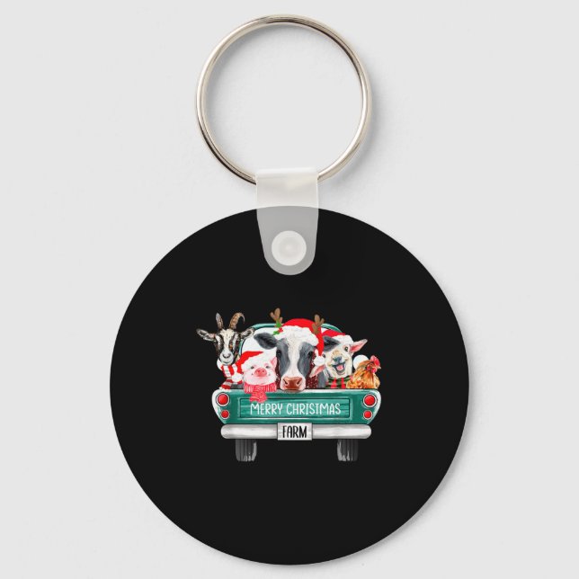 Christmas Farm Animals Truck Santa Hat Family Paja Keychain (Front)