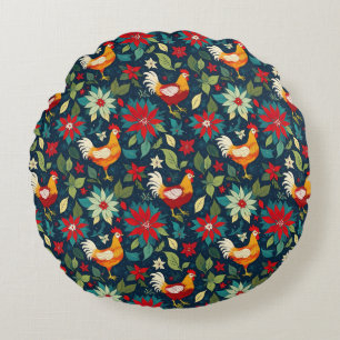 Christmas Farm Chickens And Poinsettias Round Pillow