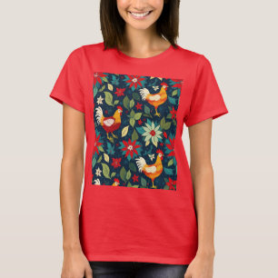 Christmas Farm Chickens And Poinsettias T-Shirt
