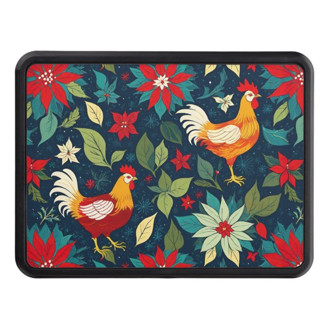 Christmas Farm Chickens And Poinsettias Trailer Hitch Cover (Front)
