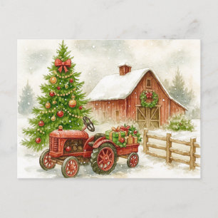 Christmas Farm Morning Red Tractor Barn Postcard