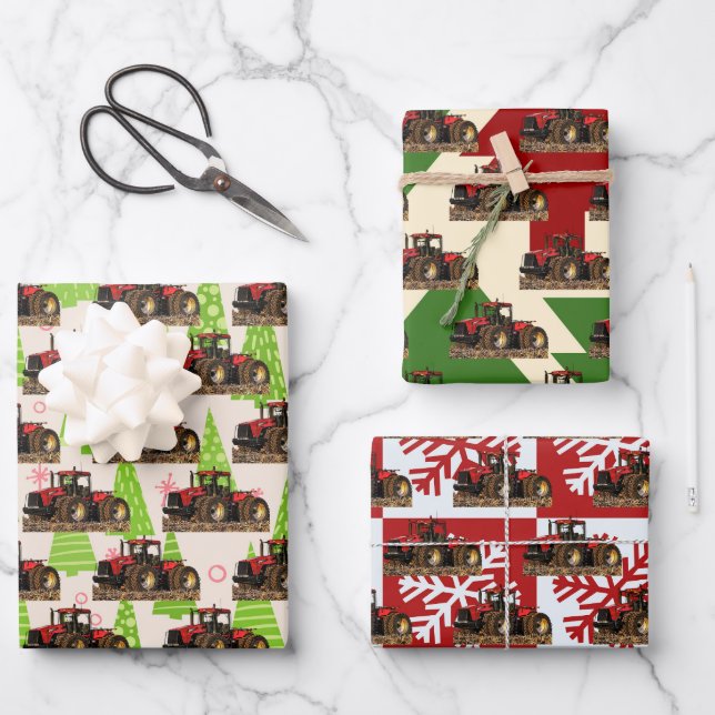 Christmas Farm Red Tractor Equipment Festive Wrapping Paper Sheet (Front)