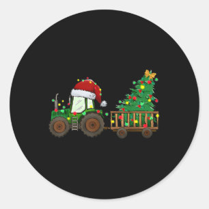 christmas farm tractor xmas tree lights santa hat  classic round sticker