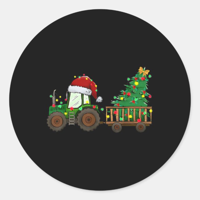 christmas farm tractor xmas tree lights santa hat  classic round sticker (Front)