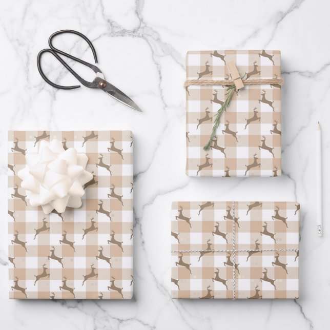 Christmas farmhouse rustic reindeer buffalo plaid wrapping paper sheet (Front)