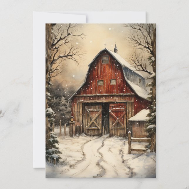 Christmas Farmhouse with Horse Stables Flat Card (Front)
