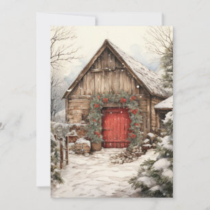 Christmas Farmhouse with Horse Stables Flat Card