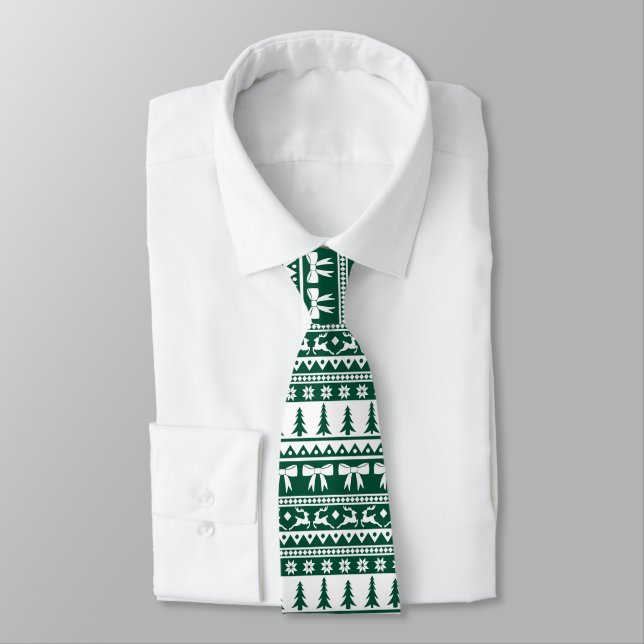Christmas Faux Sweater Knit Pattern Green & White Tie (Tied)