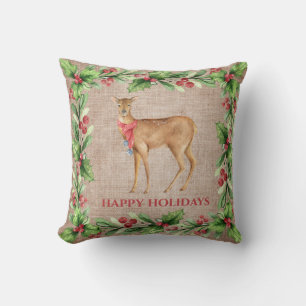 Christmas Fawn In Holly Leaves And Berry Frame Throw Pillow