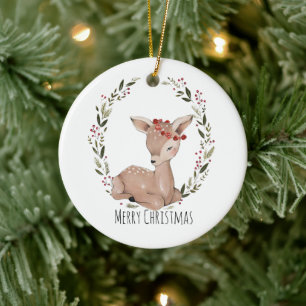 Christmas Fawn Wreath Ceramic Ornament