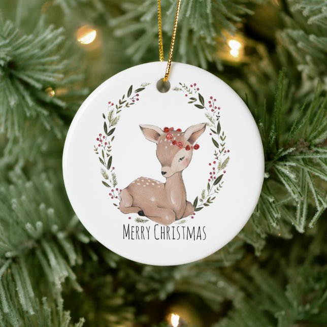 Christmas Fawn Wreath Ceramic Ornament (Tree)