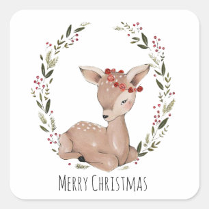 Christmas Fawn Wreath Square Sticker