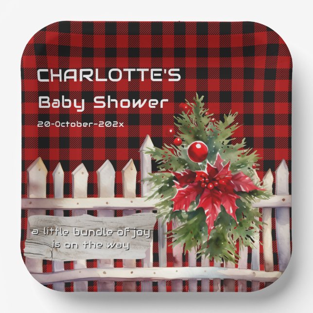 Christmas Fence Buffalo Plaid Baby Shower Paper Plate (Front)