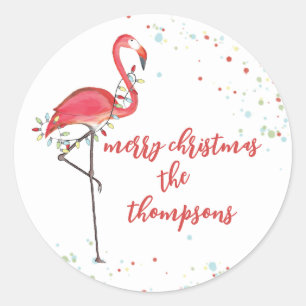 Christmas Festive Cute Flamingo String Lights Classic Round Sticker