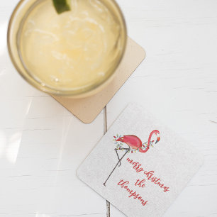 Christmas Festive Cute Flamingo String Lights Square Paper Coaster