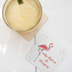 Christmas Festive Cute Flamingo String Lights Square Paper Coaster