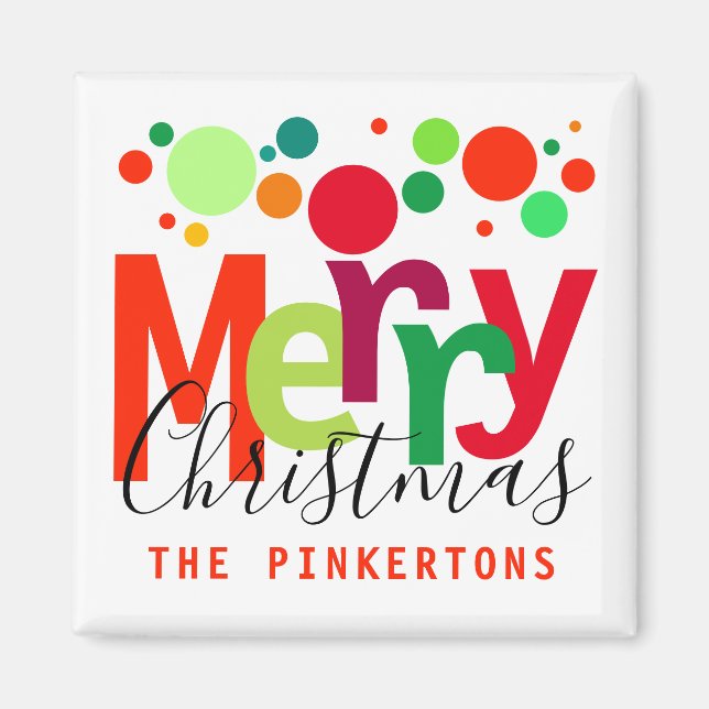 Christmas Festive Dots Modern Script Family Name Magnet (Front)