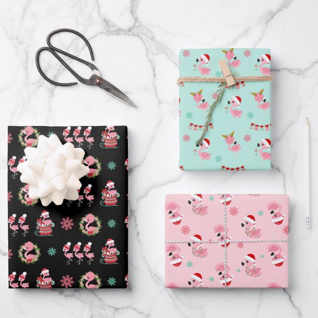 Christmas Festive Flamingo Pattern Wrapping Paper Sheet (Front)
