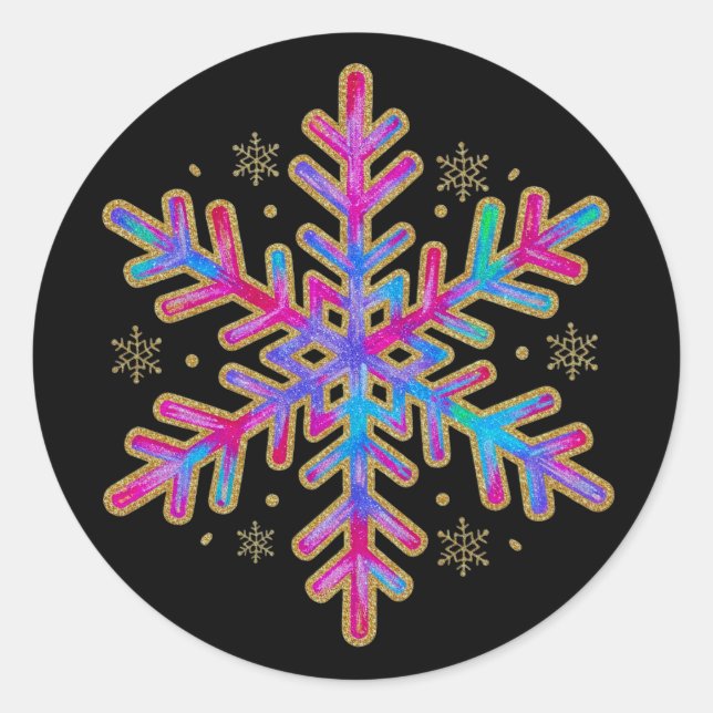 Christmas Festive Glitter Colorful Snowflake Classic Round Sticker (Front)