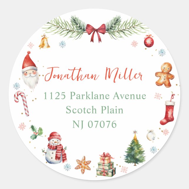 Christmas Festive Holiday Colourful Return Address Classic Round Sticker (Front)