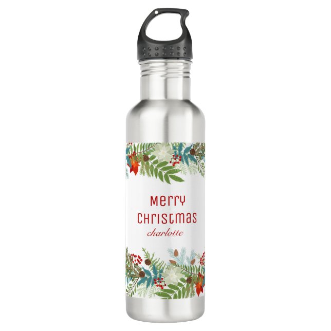 Christmas Festive Holiday Floral Personalized  710 Ml Water Bottle (Front)
