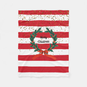 Christmas Festive Holly Berries Wreath Stripes Fleece Blanket