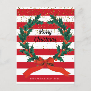 Christmas Festive Holly Berries Wreath Stripes  Holiday Postcard