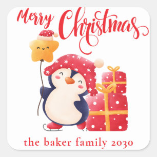 Christmas Festive Penguin Red Custom personalized Square Sticker