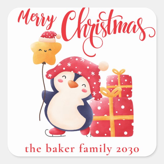 Christmas Festive Penguin Red Custom personalized Square Sticker (Front)
