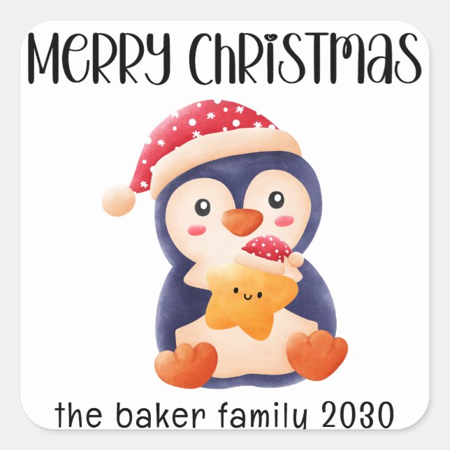 Christmas Festive Penguin Red Custom personalized Square Sticker (Front)
