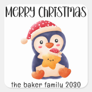 Christmas Festive Penguin Red Custom personalized Square Sticker