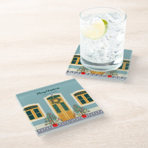 Christmas festive Portuguese House Glass Coaster