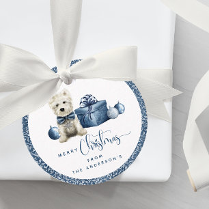 Christmas, Festive Puppy, Blue and Silver Swirl Favour Tags