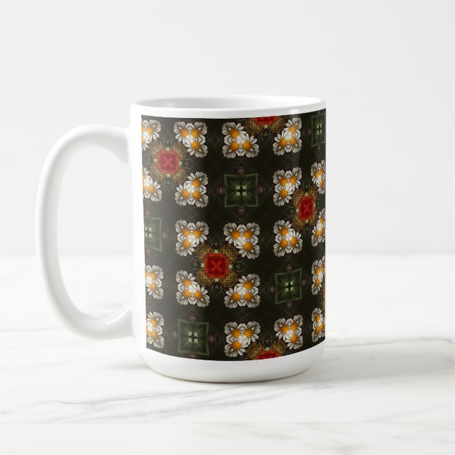 Christmas festive red cross abstract daisies coffee mug (Left)