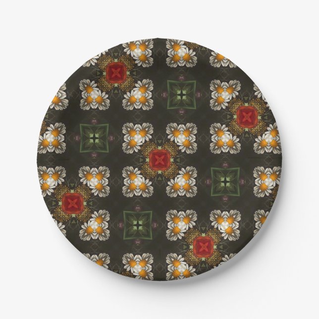 Christmas festive red cross abstract daisies paper plate (Front)
