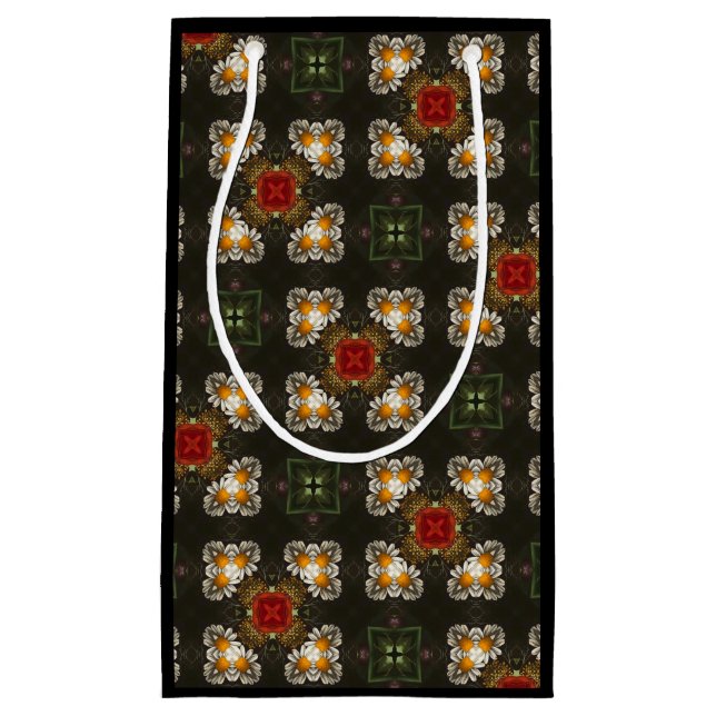 Christmas festive red cross abstract daisies small gift bag (Front)