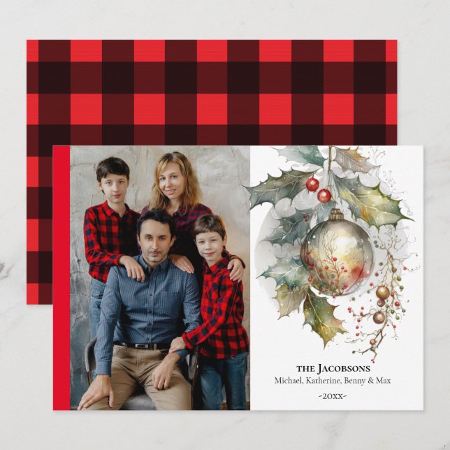 Christmas Festive Red Gold Holly Ornament Holiday Card (Front/Back)