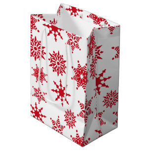 Christmas Festive White & Red Snowflakes Stars  Medium Gift Bag