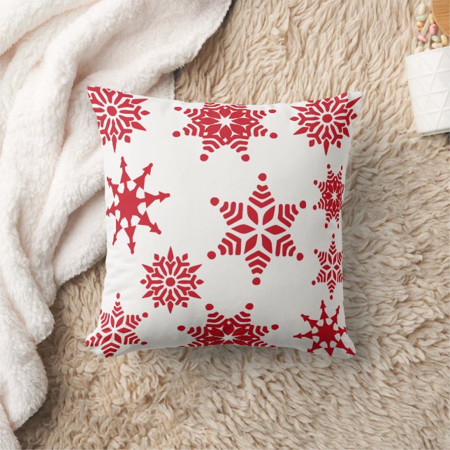 Christmas Festive White Red Snowflakes Stars Throw Pillow (Blanket)