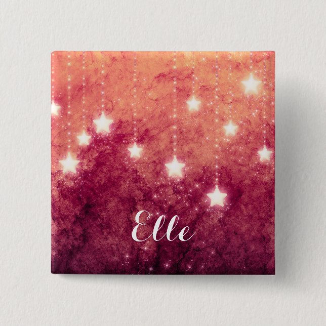 Christmas Fire Red Moon Stars Name Tag Button (Front)