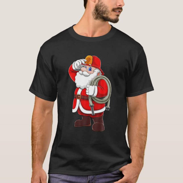 Christmas Firefighter Santa Hat T Funny Gift Decor T-Shirt (Front)