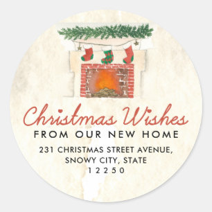 Christmas Fireplace Holiday Moving Announcement Classic Round Sticker