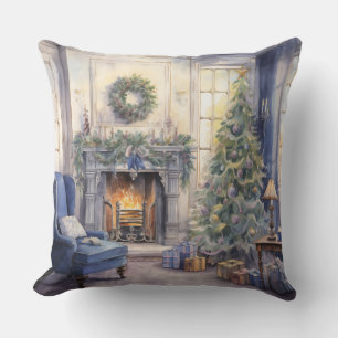 Christmas Fireplace Living Room Tree Blue Throw Pillow
