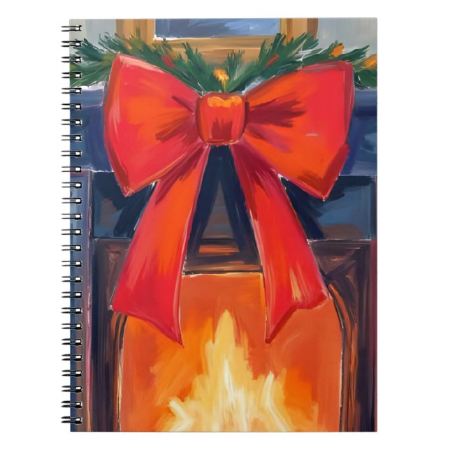 Christmas Fireplace | Red Bow Merry Watercolor  Notebook (Front)